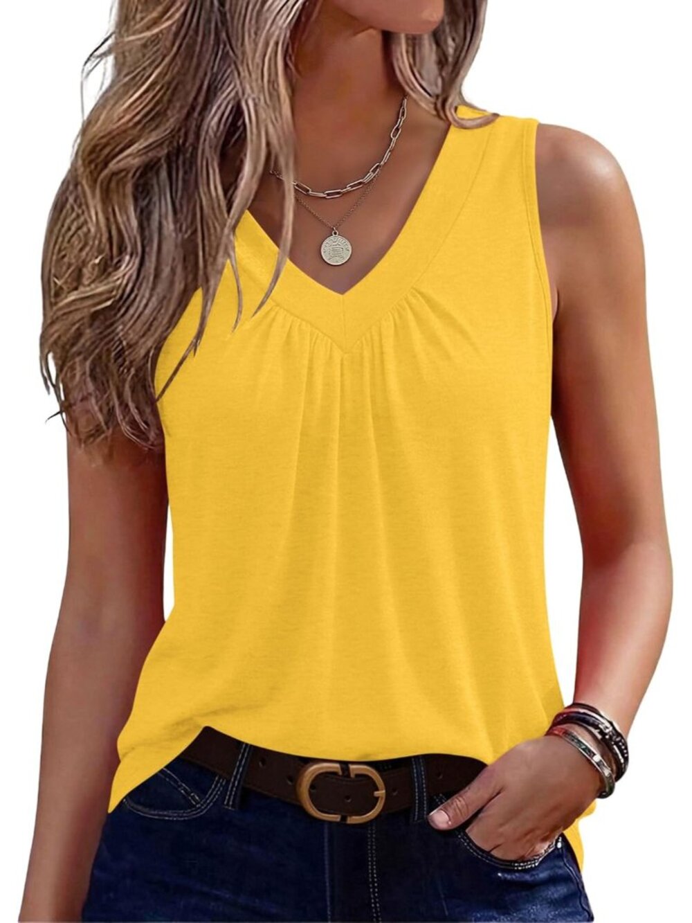 Womens Tank Tops Summer Sleeveless Tops V Neck Pleated Shirts